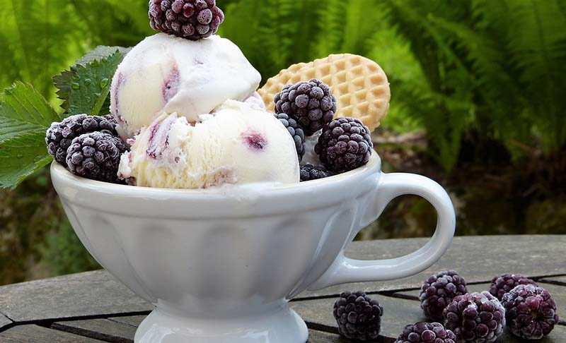 Tazzina di gelato con more e cialda croccante