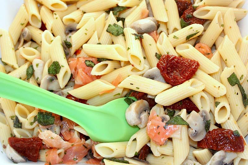 Pasta fredda con salmone, funghi e pomodori secchi