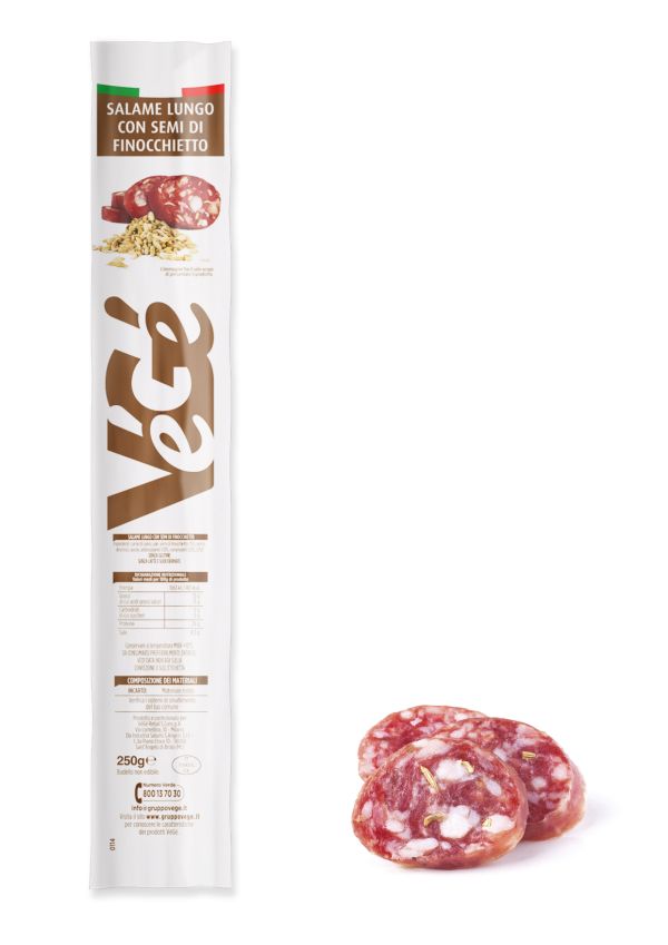 Salame lungo con semi di finocchietto confezionato Vegé GDO (Grande Distribuzione Organizzata)
