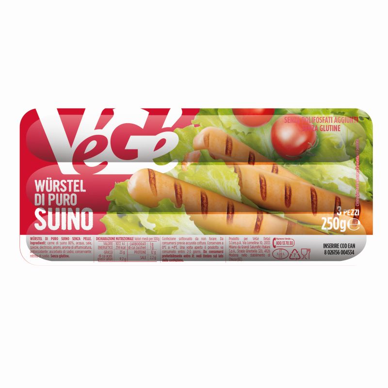 Wurstel di puro suino 3 pezzi 250 g Vegé GDO (Grande Distribuzione Organizzata)