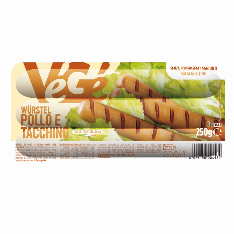 Wurstel pollo e tacchino 3 pezzi 250 g Vegé GDO (Grande Distribuzione Organizzata)